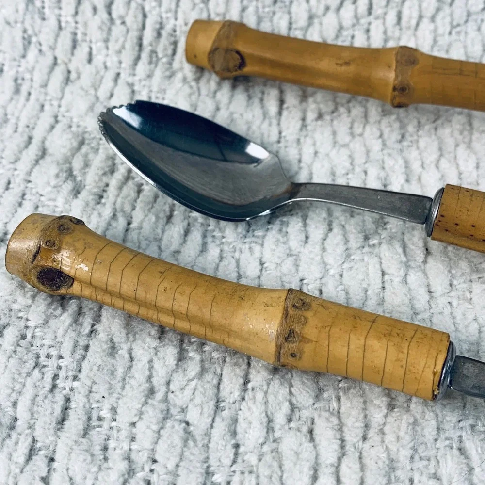 3 Grapefruit Spoons Tan Bamboo Handle Serrated Stainless Tiki Boho Japan Vintage